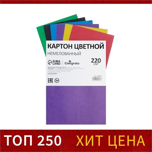 Картон цветной А4, 6 листов, 6 цветов, немелованный 220 г/м2, на скобе 3802548 - фото 16870457