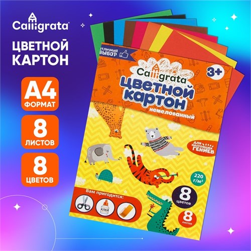 Картон цветной А4, 8 листов, 8 цветов, Calligrata, немелованный, в папке 4790694 - фото 16876016
