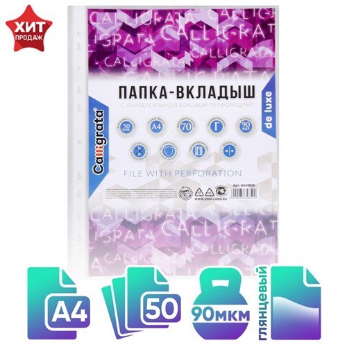 Файл-вкладыш А4, 90 мкм, Calligrata "Премиум", плотные, глянцевый, вертикальный, 50 штук 6534850 - фото 16884937