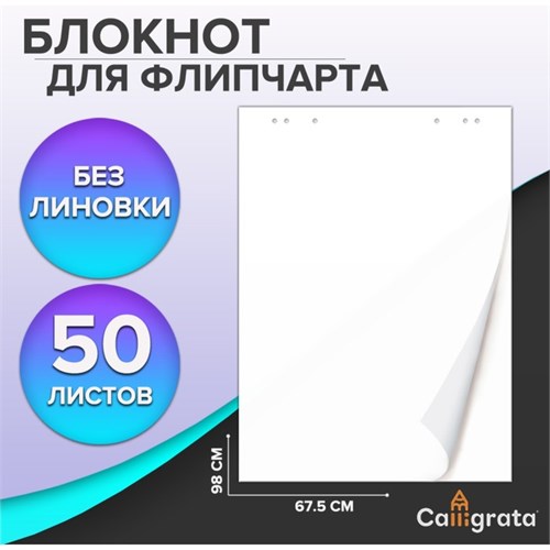 Блокнот для флипчарта, 67,5 х 98 см, 50 листов белый, 92%, 80 г/м2, Calligrata 9438094 - фото 16898424