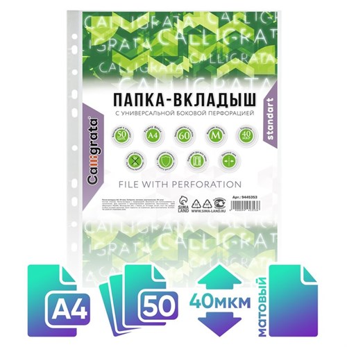Файл-вкладыш А4, 40 мкм, Calligrata, матовый, вертикальный, 50 штук 9445353 - фото 16900308
