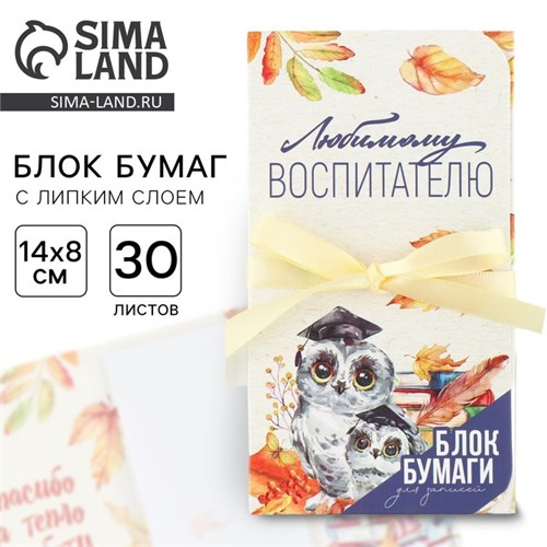 Блок бумаги для записей с липким слоем «Любимому воспитателю» в открытке с лентой, 30 листов. 9446527 - фото 16906897