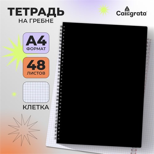 Тетрадь на гребне A4 48 листов в клетку Calligrata Чёрная, пластиковая обложка, блок офсет 10280018 - фото 16920505