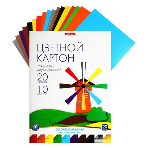 Картон цветной А4, 20 листов, 10 цветов, глянцевый в папке, ErichKrause, набор для детского творчества 10554898 - фото 16931003