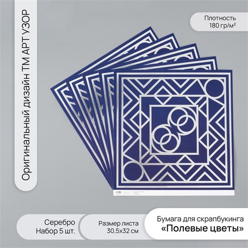 Бумага для скрапбукинга серебро "Эклектика" плотность 180 гр набор 5 шт 30,5х32 см 10718434 - фото 16938164