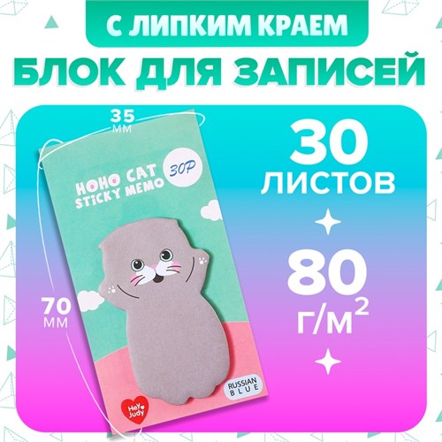 Блок с липким краем из бумаги 35мм х 70мм 30л Серый котик 10613659 - фото 16940715