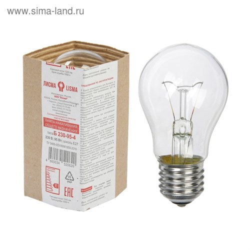 Лампа накаливания "Лисма", Б, E27, 95 Вт, 230 В 4263326 - фото 16959135