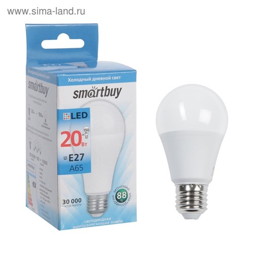 Лампа cветодиодная Smartbuy, E27, A65, 20 Вт, 6000 К, холодный белый свет 4871974 - фото 16962832
