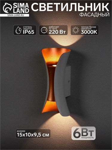 Светильник фасадный «Элегант», FSD-090, 6 Вт, 3000К, IP65, 220 В, металл, бело-золотистый 10085438 - фото 17014457