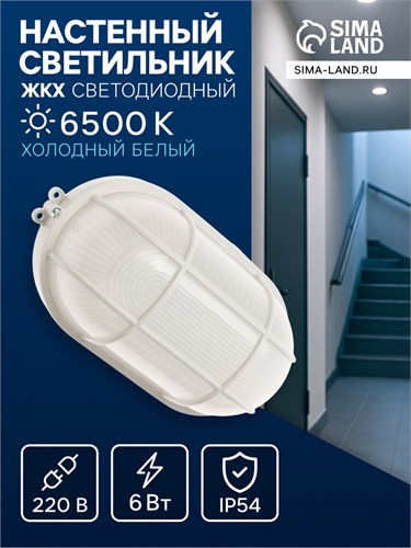 Светильник ЖКХ светодиодный, 6 Вт, IP54, 6500К, 220В, овал, пластик, белый 10698425 - фото 17020924