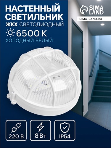 Светильник ЖКХ светодиодный, 8 Вт, IP54, 6500K, 220 В, пластик, белый 10698439 - фото 17021227