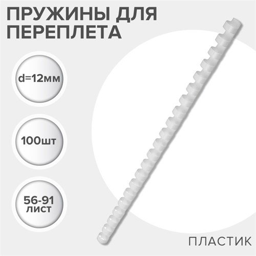 Пружины для переплета пластиковые, d=12мм, 100 штук, сшивают 56-91 лист, белые, Гелеос 5156774 - фото 17042541