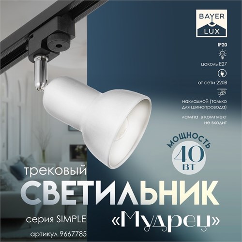 Светильник трековый "Мудрец" Е27 40Вт белый 9х9х19,5см 9667785 - фото 17048027