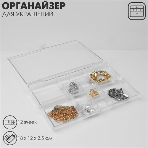 Органайзер для хранения украшений «Лео», 12 ячеек, 18×12×2,5 см, цвет прозрачный 10218646 - фото 17049451