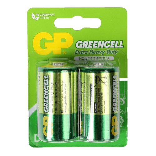 Батарейка солевая GP Greencell Extra Heavy Duty, D, R20-2BL, 1.5В, блистер, 2 шт. 470403 - фото 17087930