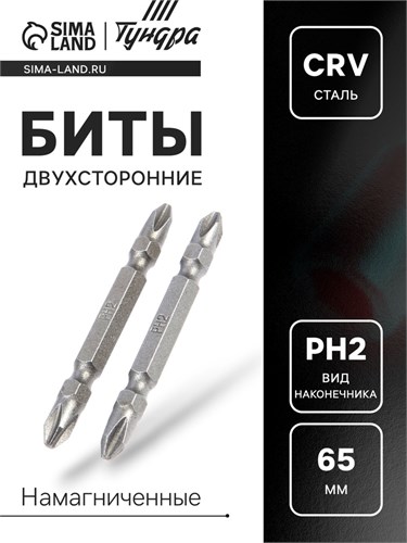 Биты двухсторонние ТУНДРА, намагниченные, сталь CrV, PH2 х 65 мм, 2 шт. 1124363 - фото 17092526