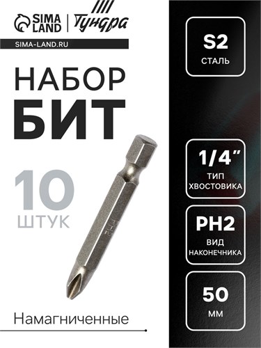 Биты ТУНДРА, намагниченные, сталь S2, PH2 х 50 мм, 10 шт. 1124361 - фото 17092532