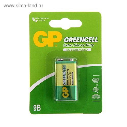 Батарейка солевая GP Greencell Extra Heavy Duty, 6F22-1BL, 9В, крона, блистер, 1 шт. 1242294 - фото 17092699