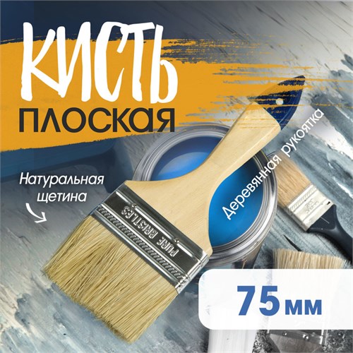 Кисть плоская ТУНДРА, натуральная щетина, деревянная рукоятка, 3", 75 мм 881506 - фото 17092950