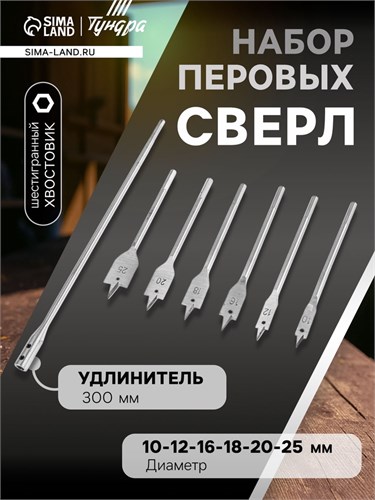 Набор сверл перовых ТУНДРА, шестигр. хвост., 10-12-16-18-20-25 мм + удлинитель 300 мм 1300843 - фото 17095234