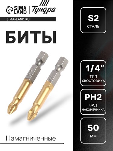 Биты ТУНДРА, намагниченные, сталь S2, 58-60 HRC, TiN, PH2 х 50 мм, 2 шт. 1414804 - фото 17096299