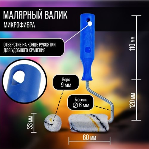 Мини-валик ТУНДРА, микрофибра, 60 мм, рукоятка d=6 мм, D=15 мм, ворс 9 мм 2840593 - фото 17103003