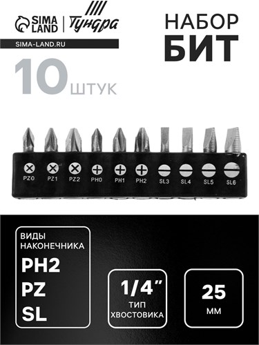 Набор бит ТУНДРА, сталь CrV, PH, PZ, SL х 25 мм, 10 шт. 2270980 - фото 17106428