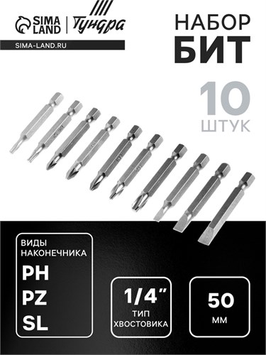 Набор бит ТУНДРА, сталь CrV, PH, PZ, SL, Torx х 50 мм, 10 шт. 2270981 - фото 17106433