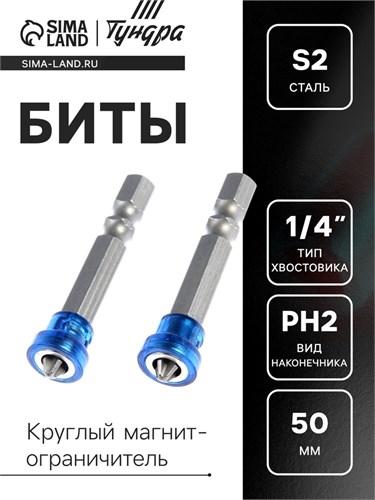 Биты ТУНДРА, намагниченные, сталь S2, круглый магнитный фиксатор, PH2 х 50 мм, 2 шт. 2393921 - фото 17106919