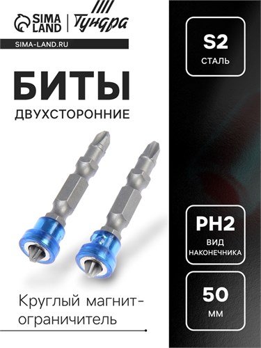 Биты двухсторонние ТУНДРА, сталь S2, круглый магнит-ограничитель, PH2 х 50 мм, 2 шт. 2393922 - фото 17106928