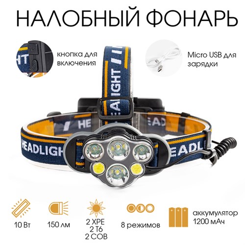 Фонарь налобный аккумуляторный "Мастер К", 4 LED, 2 COB, 2 аккумуляторных батареи, USB 4404246 - фото 17115205