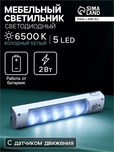 Светильник светодиодный с датчиком движения, 5 LED, 2 Вт, от батареек 3*AAA, 6500К, белый 4508104 - фото 17116294