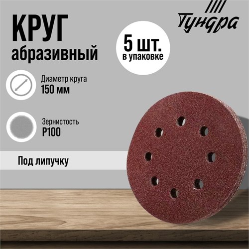 Круг абразивный шлифовальный под "липучку" ТУНДРА, перфорированный, 150 мм, Р100, 5 шт. 5354667 - фото 17127345