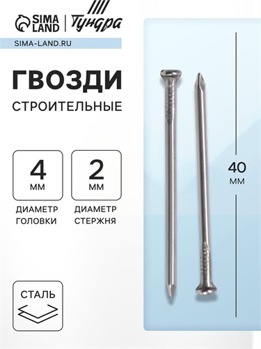 Гвозди ТУНДРА krep, строительные, без покрытия, 2х40 мм, 1 кг 6942910 - фото 17127610