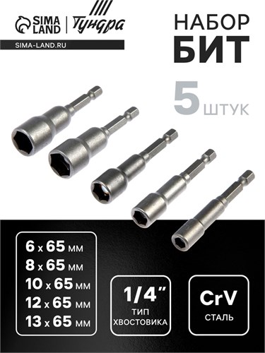 Набор бит с торцевыми головками ТУНДРА, CrV, магнит, 6-8-10-12-13 х 65 мм, 5 шт. 6851406 - фото 17129628
