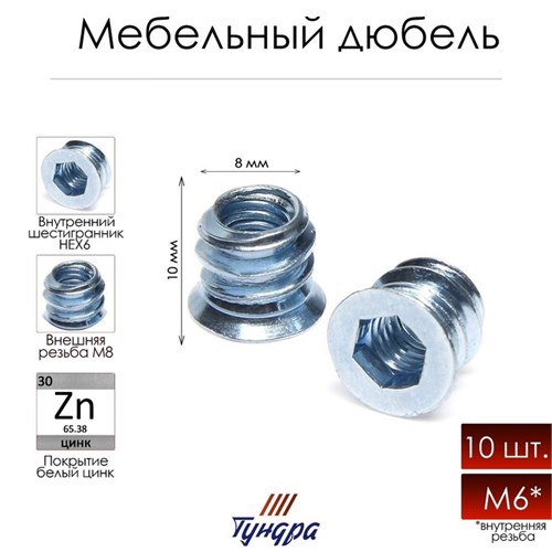 Дюбель "ТУНДРА krep", мебельный,  металлический, резьба М6, 10 шт 7156706 - фото 17130189