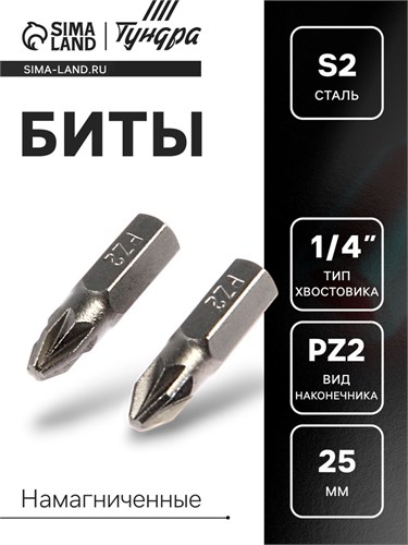 Биты ТУНДРА, намагниченные, сталь S2, PZ2 х 25 мм, 2 шт. 7338376 - фото 17137191
