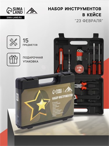 Набор инструментов в кейсе ЛОМ "23 ФЕВРАЛЯ", в подарочной упаковке, 15 предметов 9305217 - фото 17146433