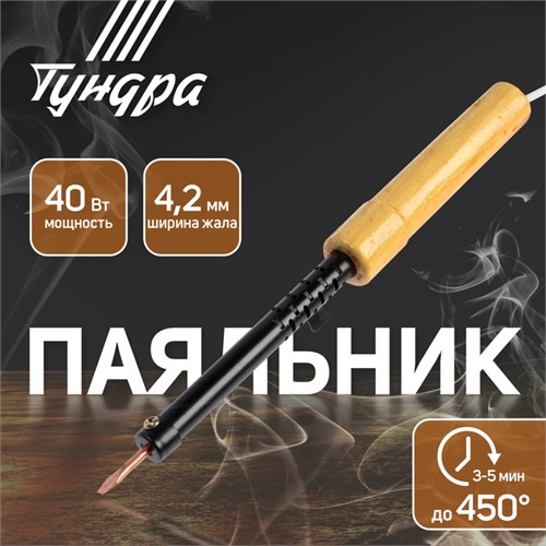 Паяльник ТУНДРА, ЭПСН, деревянная рукоятка, клиновидное жало d=4.2 мм, 40 Вт, 220 В 9132757 - фото 17147068