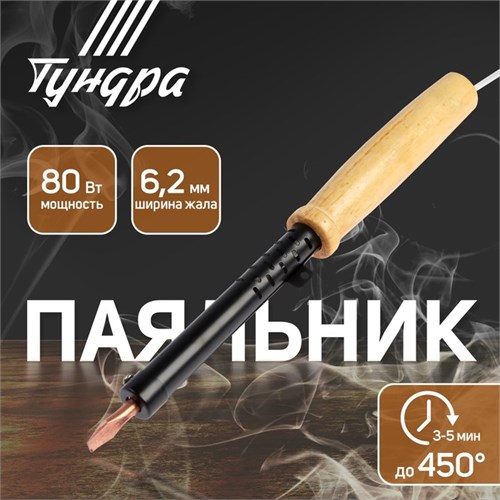 Паяльник ТУНДРА, ЭПСН, деревянная рукоятка, клиновидное жало d=6.2 мм, 80 Вт, 220 В 9132759 - фото 17147086