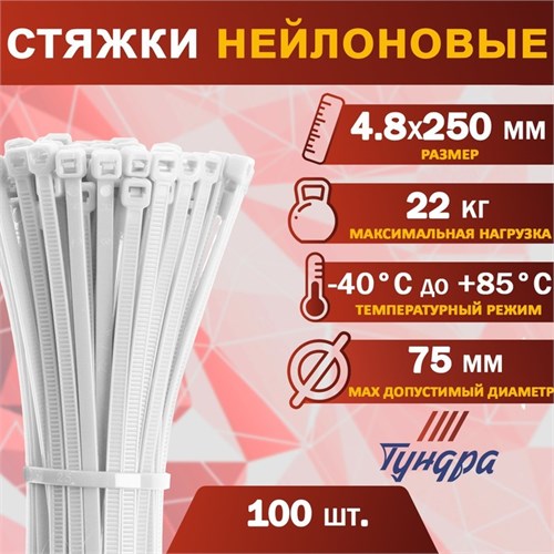 Хомут нейлоновый ТУНДРА krep,  для стяжки, 4.8х250 мм, белый, в упаковке 100 шт. 9380716 - фото 17150445
