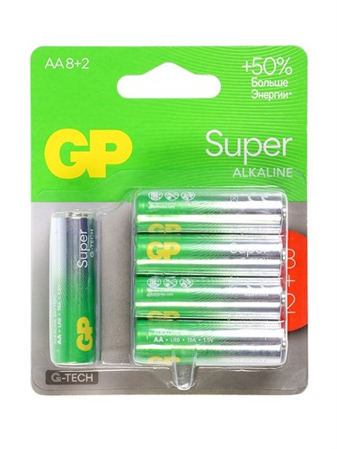 Батарейка алкалиновая GP Super, AA, LR6-10BL, 1.5В, 8+2 шт. 9816511 - фото 17153270
