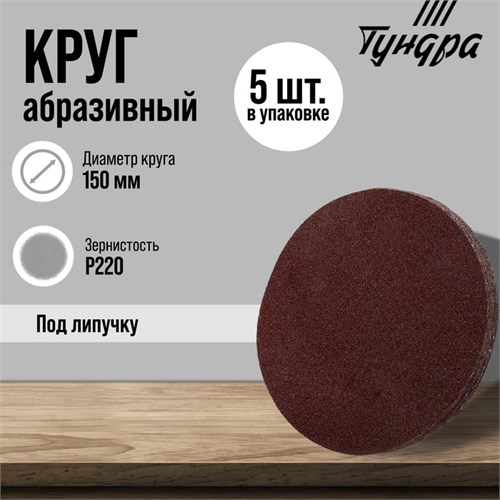 Круг абразивный шлифовальный под "липучку" ТУНДРА, 150 мм, Р220, 5 шт. 9422563 - фото 17157019