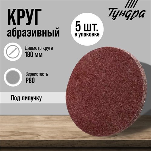 Круг абразивный шлифовальный под "липучку" ТУНДРА, 180 мм, Р80, 5 шт. 9422574 - фото 17157075