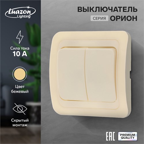 Выключатель Luazon Lighting "Орион", 10 А, 2 клавиши, скрытый, бежевый 9919817 - фото 17165879