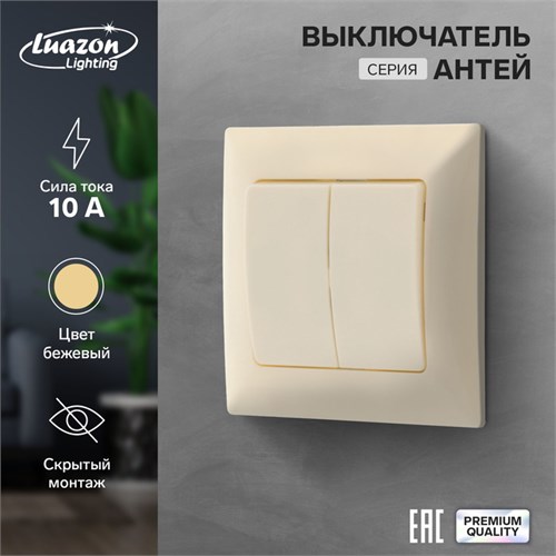 Выключатель Luazon Lighting "Антей", 10 А, 2 клавиши, скрытый, бежевый 9925746 - фото 17165993