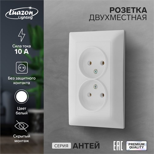 Розетка двухместная Luazon Lighting "Антей", 10 А, скрытая, без з/к, белая 9925773 - фото 17166052
