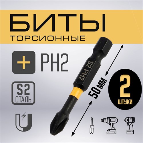 Биты ТУНДРА ПРОФИ, Torsion, сталь S2, PH2 х 50 мм, пвх-чехол, 2 шт. 9935337 - фото 17167956