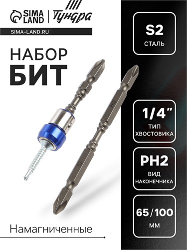 Набор бит ТУНДРА, сталь S2, круглый магнит, двухсторонняя, PH2 х 65 и 100 мм, 2 шт. 9935342 - фото 17168001