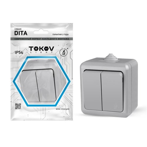 Выключатель TOKOV ELECTRIC, Dita, 2 клавиши, IP54, 10А, 250В, серая, TKL-DT-V2-C06-IP54 10404686 - фото 17171236